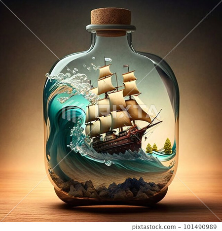 Ship in a bottle floating on an enormous wave. Generative AI Ship in a bottle floating on an enormous wave. Generative AI 101490989
