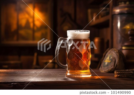Amber beer ale in glass mug in tavern pub. Generative AI Amber beer ale in glass mug in tavern pub. Generative AI 101490990