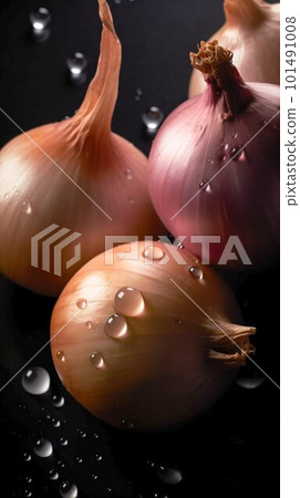 Onion seamless background with water drops, top view, flat lay. Generative AI Onion seamless background with water drops, top view, flat lay. Generative AI 101491008
