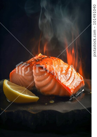 Salmon steak close up. Generative AI Salmon steak close up. Generative AI 101491040
