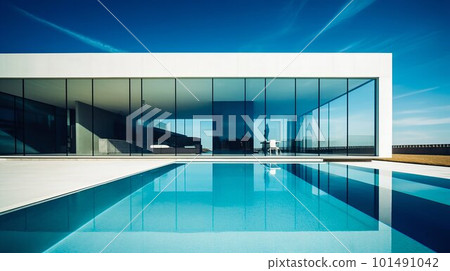 Modern house architecture with glass walls and swimming pool. Generative AI 101491042