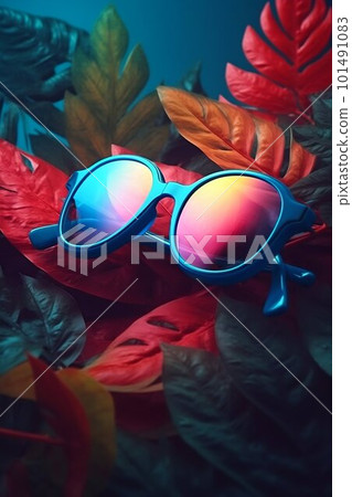 Sunglasses product on exotic leafs and flowers background in pastel colors. Generative AI 101491083
