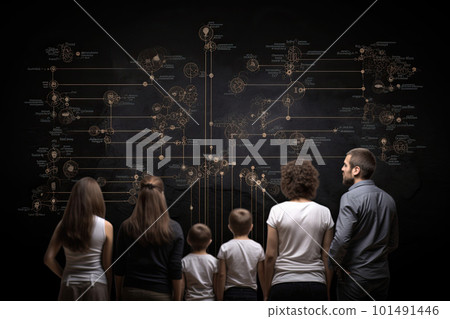 Different generations of family stand together against dark abstract background. Generative AI 101491446