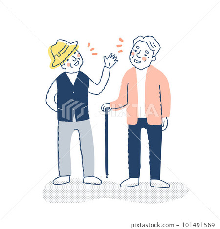 Two senior men standing and talking happily 101491569