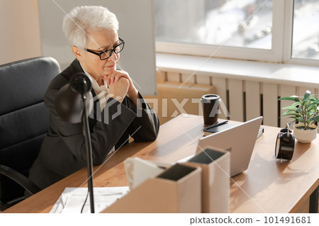 Confident stylish european middle aged senior woman using laptop at workplace. Stylish older mature 60s gray haired lady businesswoman sitting at office table. Boss leader teacher professional worker Confident stylish european middle aged senior woman using laptop at workplace. Stylish older mature 60s gray haired lady businesswoman sitting at office table. Boss leader teacher professional worker 101491681