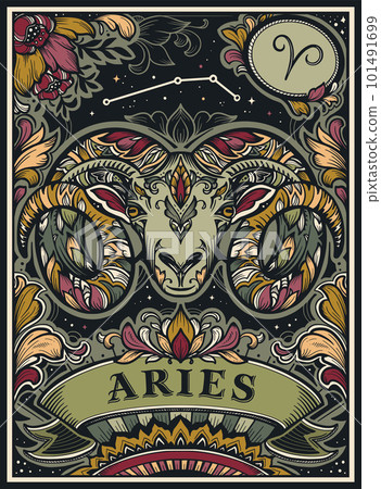 Beautiful colorful pre-made card with Aries zodiac sign illustration and flowers in ornate victorian style. Beautiful colorful pre-made card with Aries zodiac sign illustration and flowers in ornate victorian style. 101491699