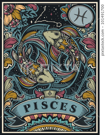 Beautiful colorful pre-made card with Pisces zodiac sign illustration and flowers in ornate victorian style. 101491700
