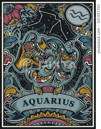 Beautiful colorful pre-made card with Aquarius zodiac sign illustration and flowers in ornate victorian style. Beautiful colorful pre-made card with Aquarius zodiac sign illustration and flowers in ornate victorian style. 101491701