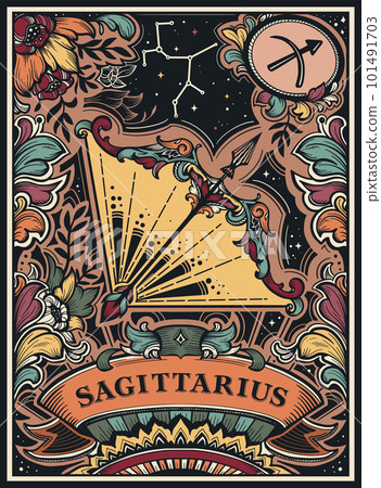 Beautiful colorful pre-made card with Sagittarius zodiac sign illustration and flowers in ornate victorian style. Beautiful colorful pre-made card with Sagittarius zodiac sign illustration and flowers in ornate victorian style. 101491703