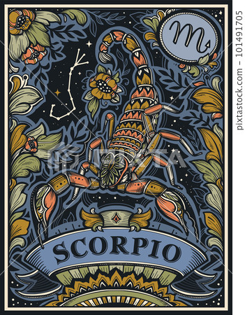 Beautiful colorful pre-made card with Scorpio zodiac sign illustration and flowers in ornate victorian style. Beautiful colorful pre-made card with Scorpio zodiac sign illustration and flowers in ornate victorian style. 101491705