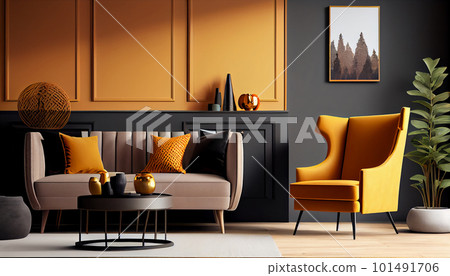 Modern interior design yellow armchair sofa in living room with and mock up poster frame in wall at home, lifestyle living room design, empty nobody, 3D render by Generative AI 101491706