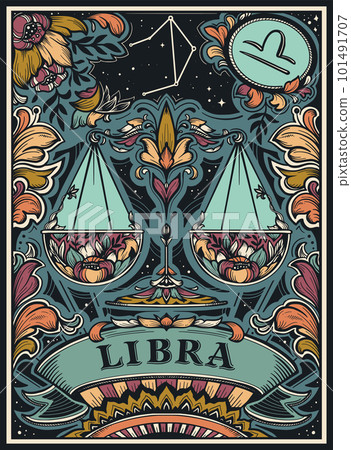 Beautiful colorful pre-made card with Libra zodiac sign illustration and flowers in ornate victorian style. Beautiful colorful pre-made card with Libra zodiac sign illustration and flowers in ornate victorian style. 101491707