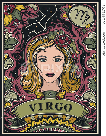 Beautiful colorful pre-made card with Virgo zodiac sign illustration and flowers in ornate victorian style. Beautiful colorful pre-made card with Virgo zodiac sign illustration and flowers in ornate victorian style. 101491708