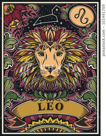 Beautiful colorful pre-made card with Leo zodiac sign illustration and flowers in ornate victorian style. Beautiful colorful pre-made card with Leo zodiac sign illustration and flowers in ornate victorian style. 101491709