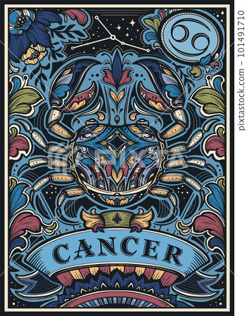 Beautiful colorful pre-made card with Cancer zodiac sign illustration and flowers in ornate victorian style. Beautiful colorful pre-made card with Cancer zodiac sign illustration and flowers in ornate victorian style. 101491710