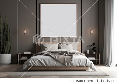 Stylish bedroom design with a mockup poster on the wall and a comfortable bed, adding a touch of elegance and simplicity to the space. AI Generative. 101491948
