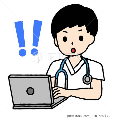 在電腦上工作的男護士很驚訝 在電腦上工作的男護士很驚訝 101492179