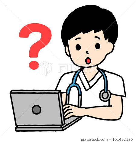A man who is a nurse working on a computer has doubts A man who is a nurse working on a computer has doubts 101492180