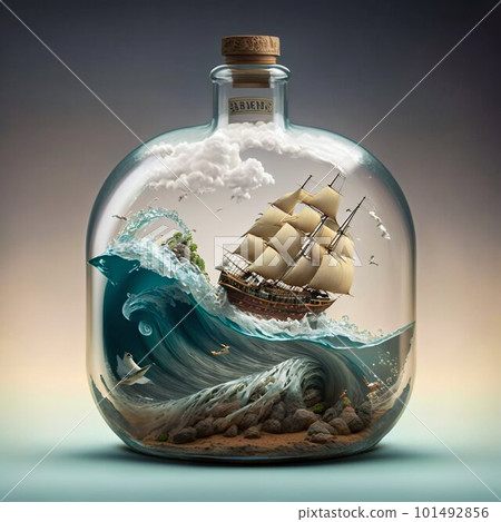 Ship in a bottle floating on an enormous wave. Generative AI Ship in a bottle floating on an enormous wave. Generative AI 101492856