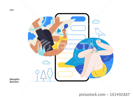 Memphis business illustration. Chat -modern flat vector concept illustration of people chatting in a phone messenger app, conversation, relations. Commerce business sales metaphor. Memphis business illustration. Chat -modern flat vector concept illustration of people chatting in a phone messenger app, conversation, relations. Commerce business sales metaphor. 101492887