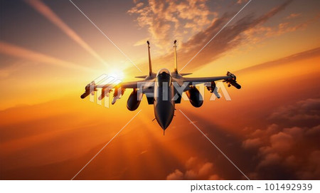 Airplane fighter in the sunset sky. Generative AI 101492939