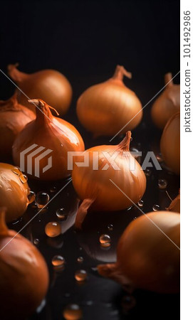 Onion seamless background with water drops, top view, flat lay. Generative AI 101492986