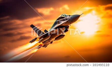 Airplane fighter in the sunset sky. Generative AI 101493110