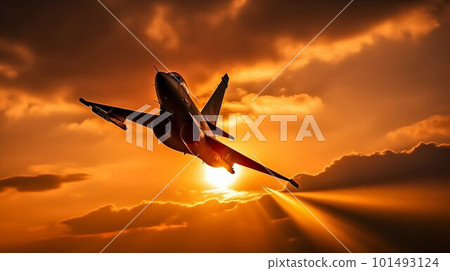 Airplane fighter in the sunset sky. Generative AI 101493124