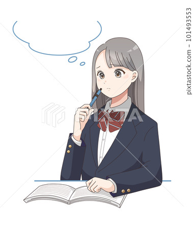 Illustration of a female student who is confused while studying, with a speech bubble Illustration of a female student who is confused while studying, with a speech bubble 101493553