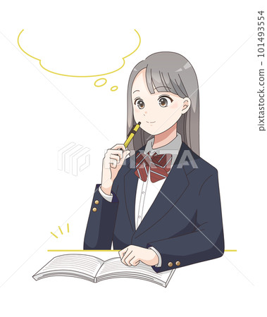Illustration of a female student studying with a speech bubble Illustration of a female student studying with a speech bubble 101493554