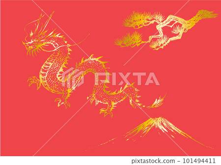 A golden dragon, Mt. Fuji and a pine tree Illustration of an auspicious decoration 101494411