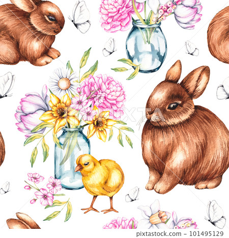 Watercolor seamless pattern with rabbits, flowers on a white background Watercolor seamless pattern with rabbits, flowers on a white background 101495129