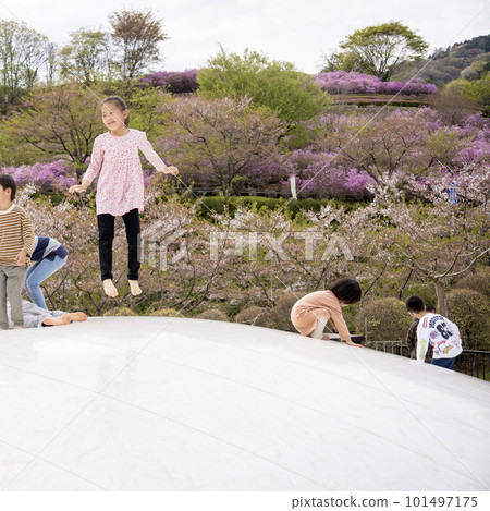 一個女孩在毛茸茸的圓頂上快樂地玩耍 101497175