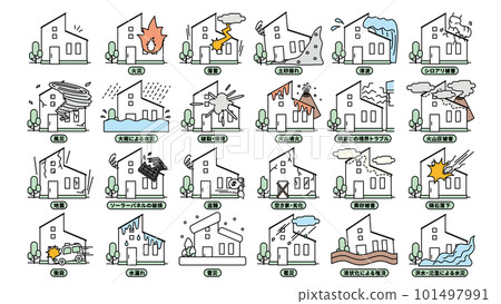 一個簡單的房屋圖標集（帶名稱），易於用於火災保險等補償，並遭受麻煩和自然災害 101497991