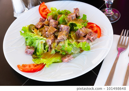 French salad with headcheese, pickles, greens, tomatoes French salad with headcheese, pickles, greens, tomatoes 101498648