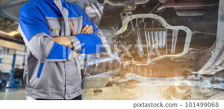 Double Exposure Auto mechanic in the auto service center car 101499068