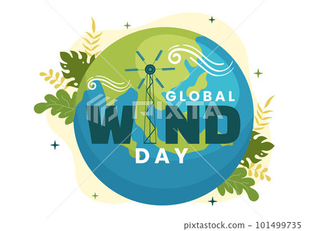Global Wind Day Vector Illustration on June 15 with Earth Globe and Winds Turbines on Blue Sky in Flat Cartoon Hand Drawn Landing Page Templates 101499735
