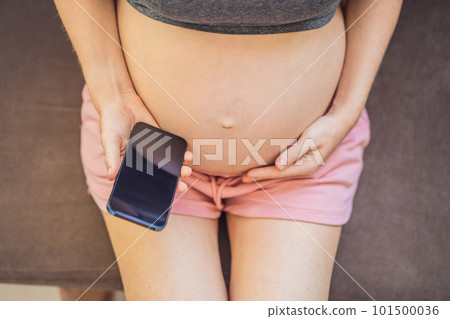 Pregnancy mockup app. Mobile pregnancy online maternity application. Pregnant mother using phone mock up. Pregnancy, medicine, pharmaceutics, health care and people concept 101500036