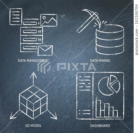 Data mining and management chalkboard icon set 101500704
