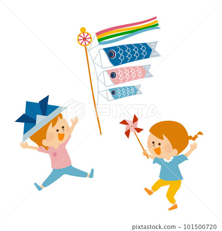兒童節鯉魚旗和頭盔一個開朗的男孩和女孩的插圖素材 兒童節鯉魚旗和頭盔一個開朗的男孩和女孩的插圖素材 101500720