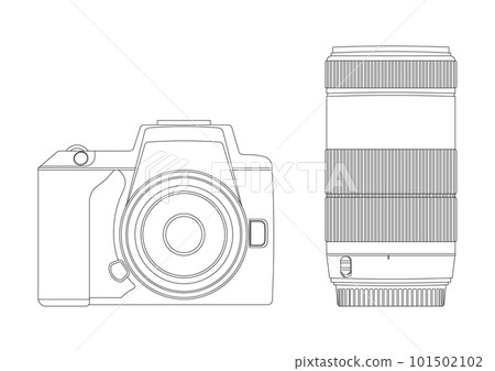 Line drawing illustration of single-lens reflex camera and zoom lens Line drawing illustration of single-lens reflex camera and zoom lens 101502102