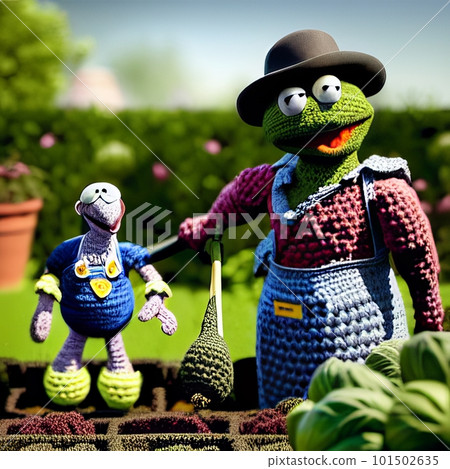 Knitted garden and family puppet. AI generated 101502635