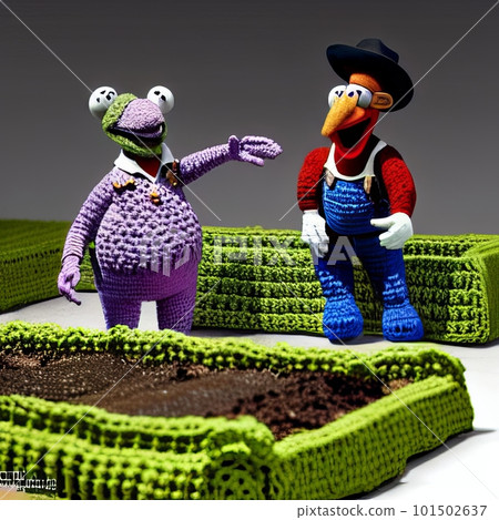 Knitted garden and family puppet. AI generated 101502637