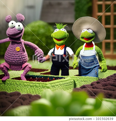 Knitted garden and family puppet. AI generated 101502639