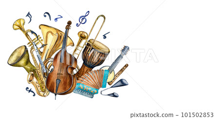 Composition of variouse musical instruments and symbol watercolor illustration isolated Composition of variouse musical instruments and symbol watercolor illustration isolated 101502853
