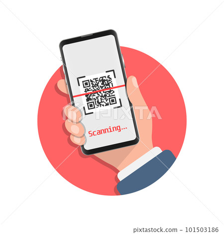 QR code scan illustration in flat style. Mobile phone scanning vector illustration on isolated background. Barcode reader in hand sign business concept. QR code scan illustration in flat style. Mobile phone scanning vector illustration on isolated background. Barcode reader in hand sign business concept. 101503186