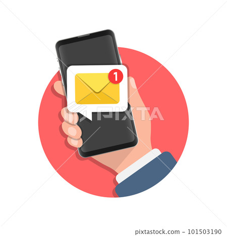 Hand holding smartphone icon in flat style. Incoming message vector illustration on isolated background. Email notification sign business concept. Hand holding smartphone icon in flat style. Incoming message vector illustration on isolated background. Email notification sign business concept. 101503190