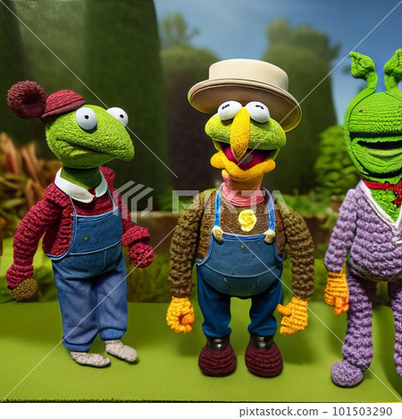 Knitted garden and family puppet. AI generated 101503290