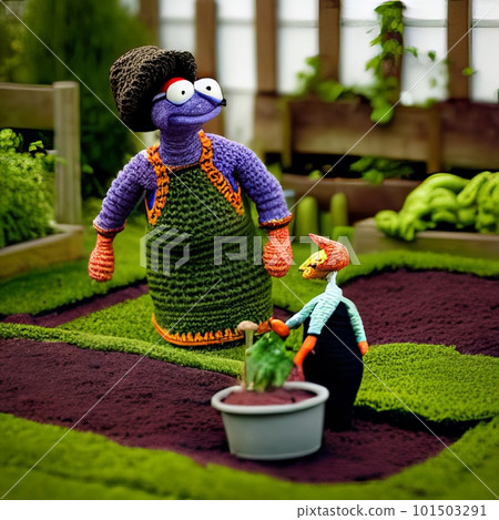 Knitted garden and family puppet. AI generated 101503291
