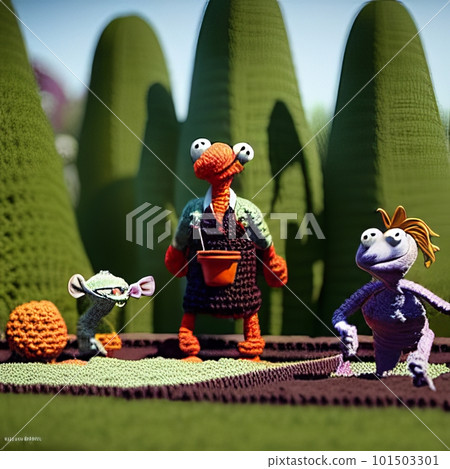 Knitted garden and family puppet. AI generated 101503301